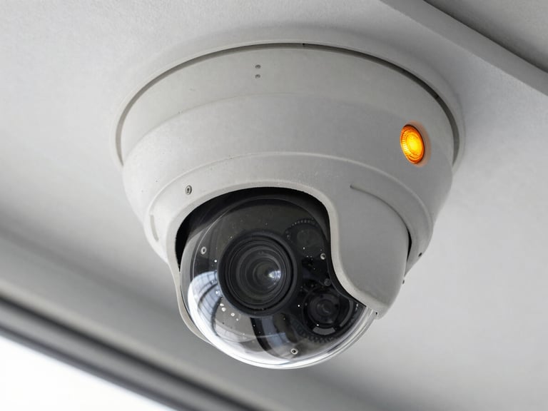 Close-up of a high-definition dome surveillance camera mounted on a clean industrial ceiling, safety amber status light glowing, sharp focus, 35mm