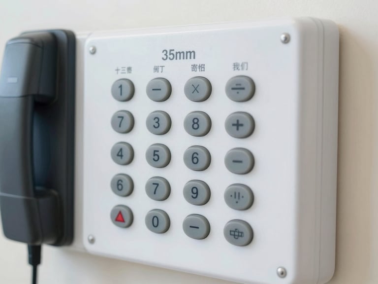 Close-up of a modern nurse call wall console with clean buttons and clear labeling, bright natural indoor lighting, sharp focus on technical details, 35mm