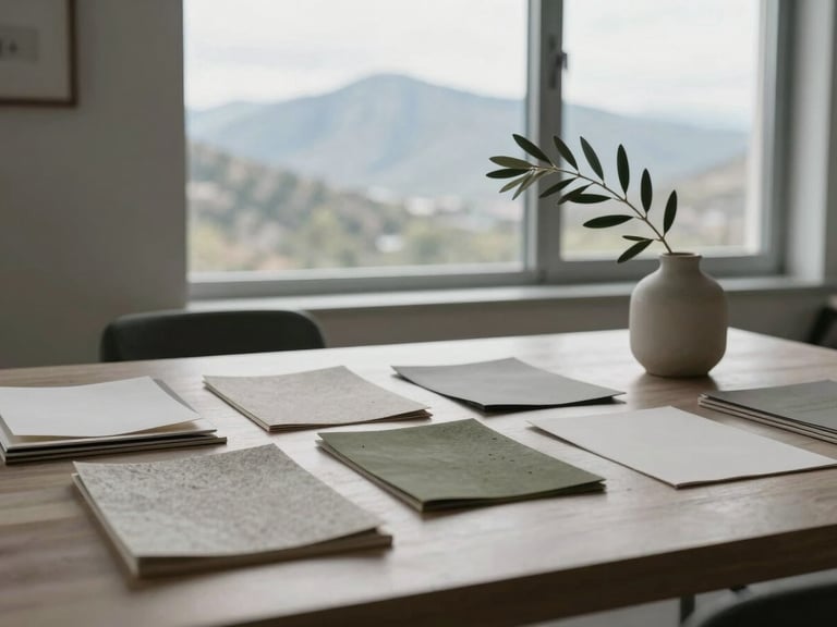 Wide-angle editorial shot of a minimalist design studio desk in Park City, soft overcast mountain light coming through a large window, textured paper samples and a single olive branch in a ceramic vase, 35mm.
