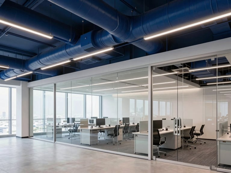 Modern corporate office interior in Business Bay Dubai, exposed high-tech HVAC ducts painted in dark blue, clean glass partitions, professional lighting