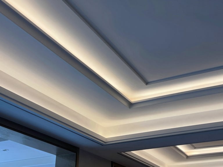 Close-up of a luxury suspended ceiling with intricate modern gypsum board patterns, warm hidden LED lighting, crisp architectural lines, professional execution