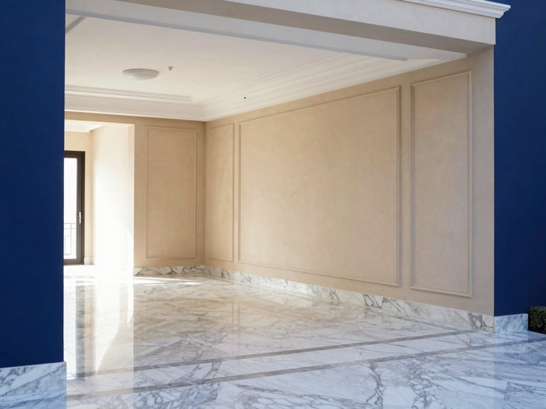 Wide shot of a luxury Dubai villa interior with pristine marble flooring reflecting light, perfectly painted smooth walls in warm beige, elegant carpentry details