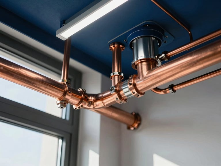 Close-up macro shot of precise copper pipework and clean HVAC installations in a modern Dubai residential building, architectural lighting, showcasing technical engineering precision.