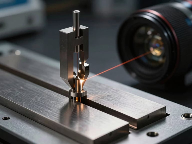 Macro photography of a clean-room calibration setup, high-contrast studio lighting on steel physical tolerances, laser alignment beam visible