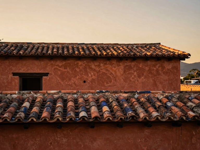 Traditional tiled roof and rustic adobe walls of an elegant Oaxacan estate under a warm golden hour sky, warm editorial photography, rich terracotta tones, shallow depth of field, 35mm.