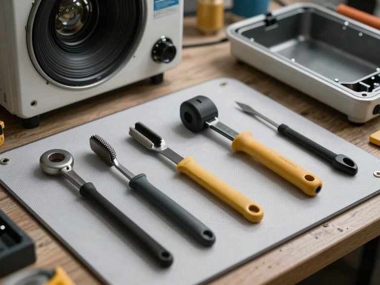Clean professional tools laid out neatly on a protective work mat beside a disassembled appliance component, crisp workshop lighting.