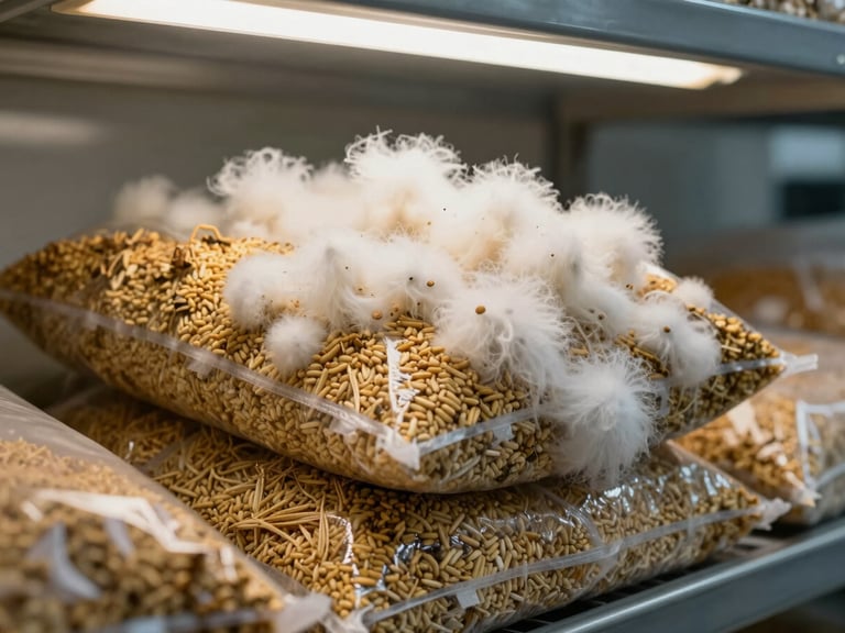 Close-up of sterile grain spawn bags showing dense white mycelium running through golden millet, stacked on clean metal shelving under grow lights.