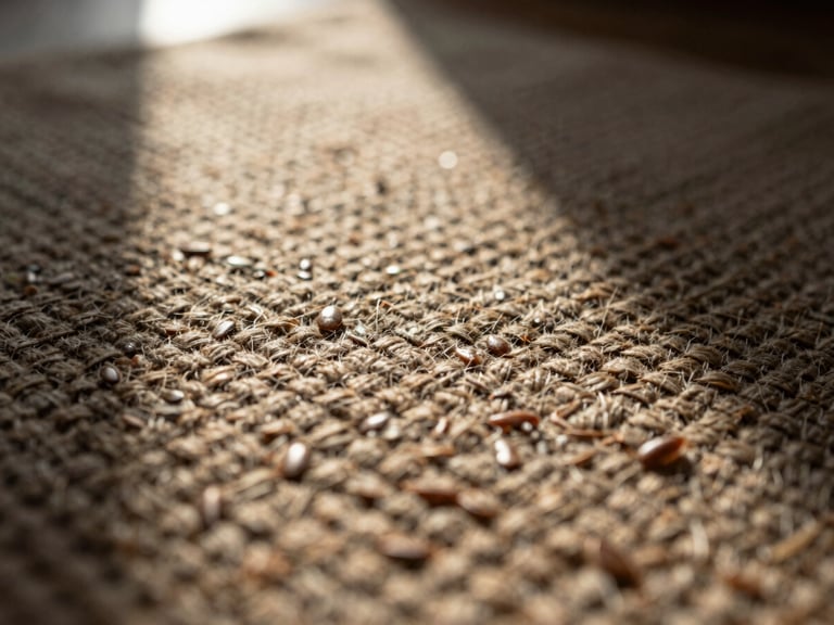 Extreme close-up macro shot of raw unbleached flax linen weave, deep shadows in the slub texture, warm low-angle afternoon window light, shallow depth of field, 35mm