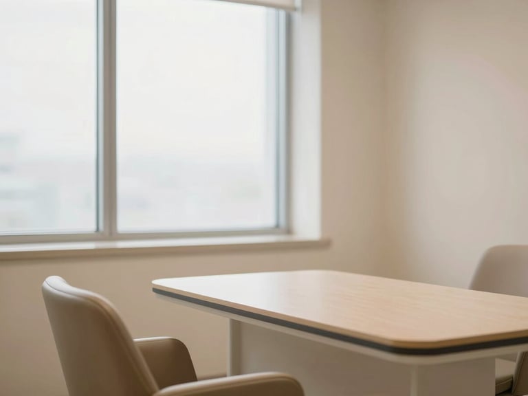 A clean, high-tech consultation room in a modern medical center, soft window light, warm neutral tones, professional and comforting atmosphere