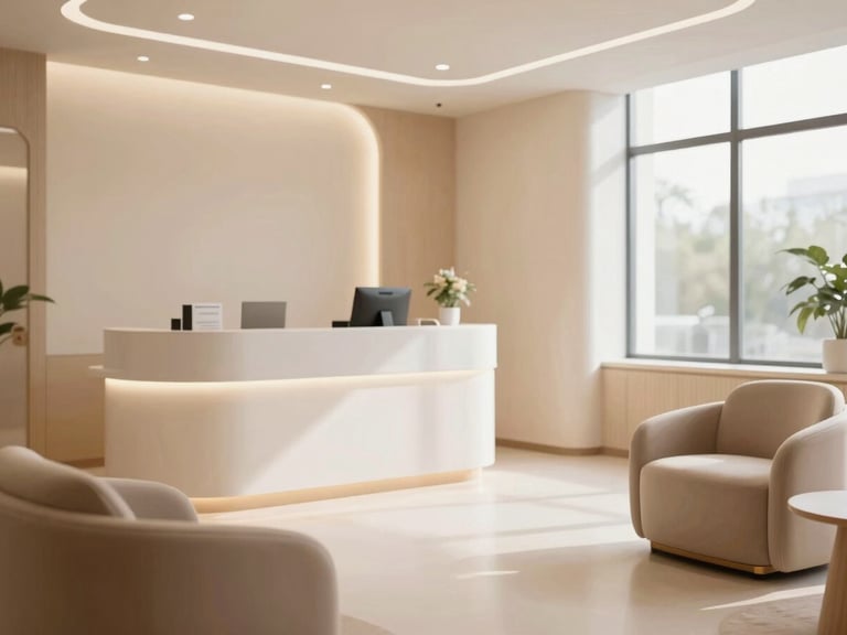 A modern, warm-toned clinic lobby with elegant minimalist design, soft lighting, comfortable armchairs, professional medical reception, premium editorial style