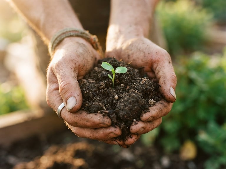 Hands holding rich dark soil with a small green sprout, soft morning golden hour light, organic textures, cinematic 35mm film grain