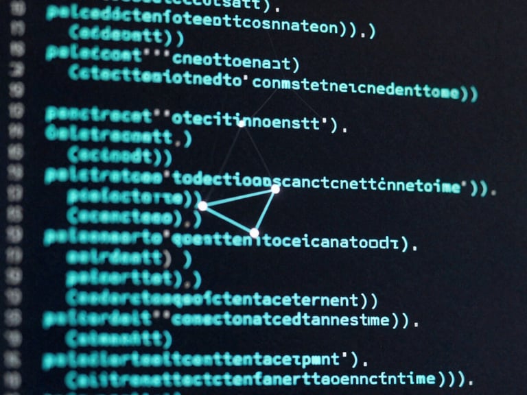 Macro close-up of a dark computer screen displaying glowing cyan code lines, semantic vector nodes connecting in a network, high contrast, 35mm