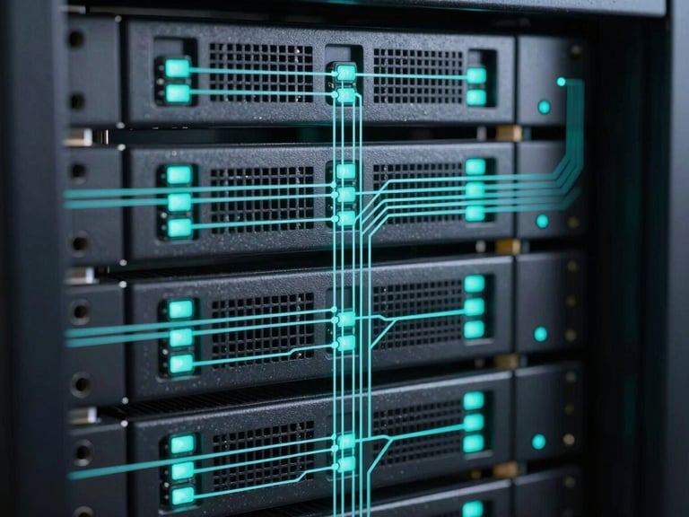 Close-up of modern server hardware with glowing teal indicators, clean structured data flow lines overlaid, dark technical photography, 35mm