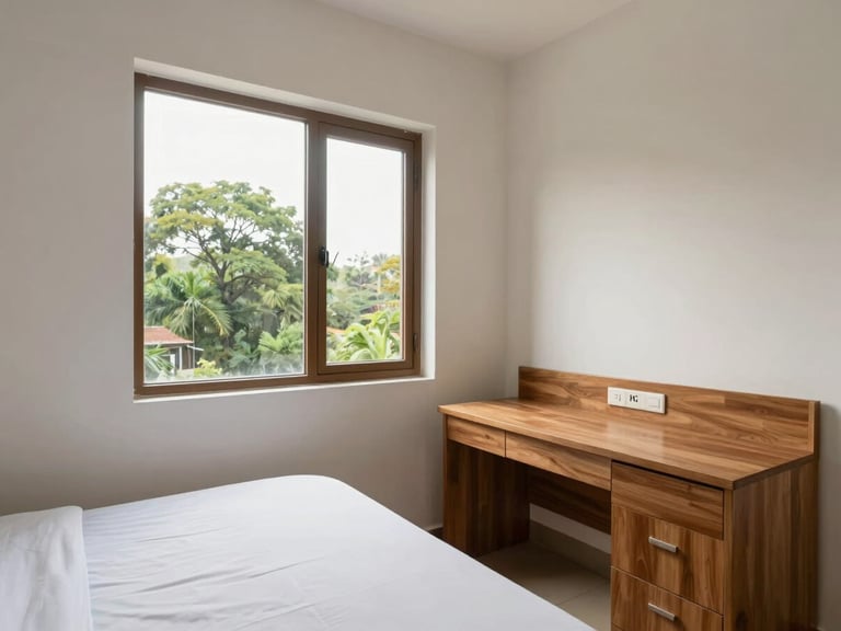 Bright, natural daylight illuminating a clean single-occupancy PG room in Bengaluru, featuring a wooden study desk, a neatly made bed, and a large window showing green treetops, realistic wide-angle framing.