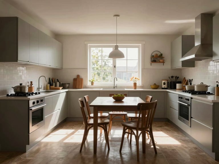 Wide panoramic view of a clean, fully equipped shared kitchen and dining space with natural light streaming through a large window.