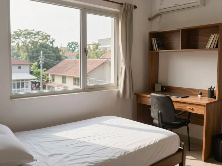 Bright, natural daylight illuminating a clean, fully furnished PG room in Hunasamaranahalli with a neatly made single bed, a wooden study desk, and a wide window showing the local neighborhood.