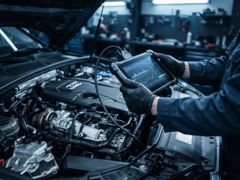 Close-up of mechanic hands using a digital diagnostic tablet connected to a modern car engine bay, cool workshop lighting, sharp contrast, deep blues and metallic tones.