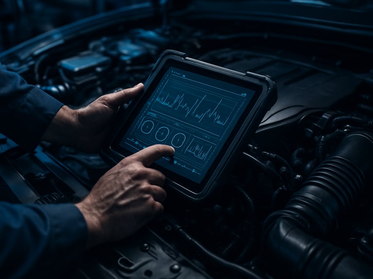 Close-up of a mechanic's hands using a digital diagnostic tablet connected to a modern car engine bay, cool blue workshop lighting, sharp contrast, high detail, 35mm lens
