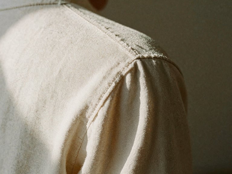 Extreme close-up of a structured linen shoulder seam, soft natural light, shadows casting a geometric pattern on warm bone fabric, 35mm film.