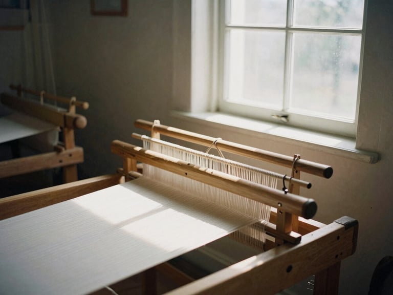 A quiet corner of a linen weaving studio, soft late afternoon light streaming through a window, wooden looms, muted earth tones, 35mm film.