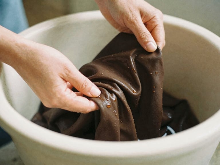 Hands gently lifting a freshly dyed piece of dark espresso fabric from a ceramic vessel, water droplets catching soft directional light, 35mm film.