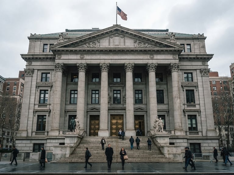 An editorial documentary shot of a classic Manhattan courthouse stone facade, soft overcast daylight, sharp focus.