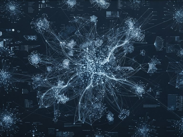 A close-up of a high-resolution digital screen displaying abstract data maps and connection nodes in cool desaturated tones.