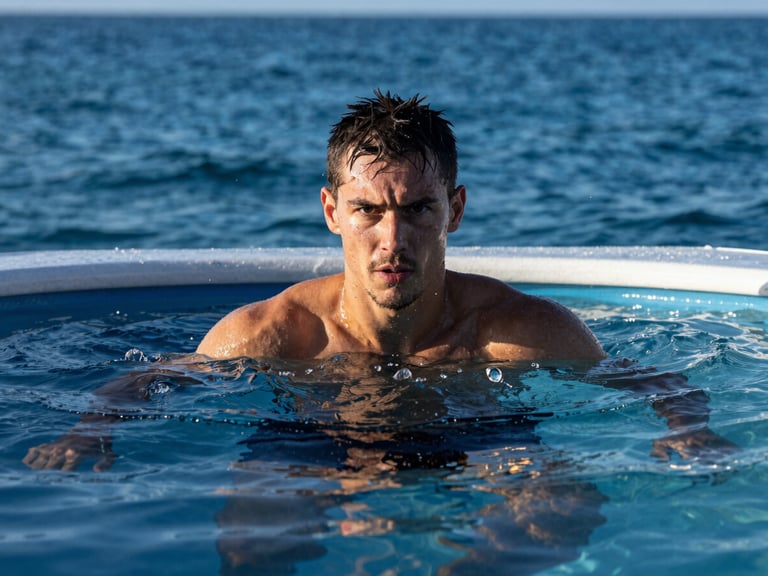 Focused athlete sitting in a cold plunge pool, intense facial expression, sharp focus on water droplets, dramatic morning light