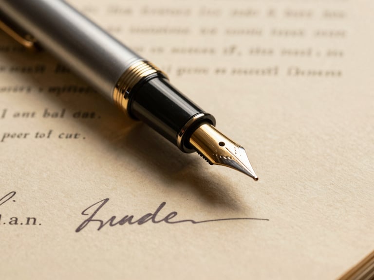 Macro shot of a classic fountain pen resting on a signed legal brief, warm golden side-lighting casting long shadows on textured paper.