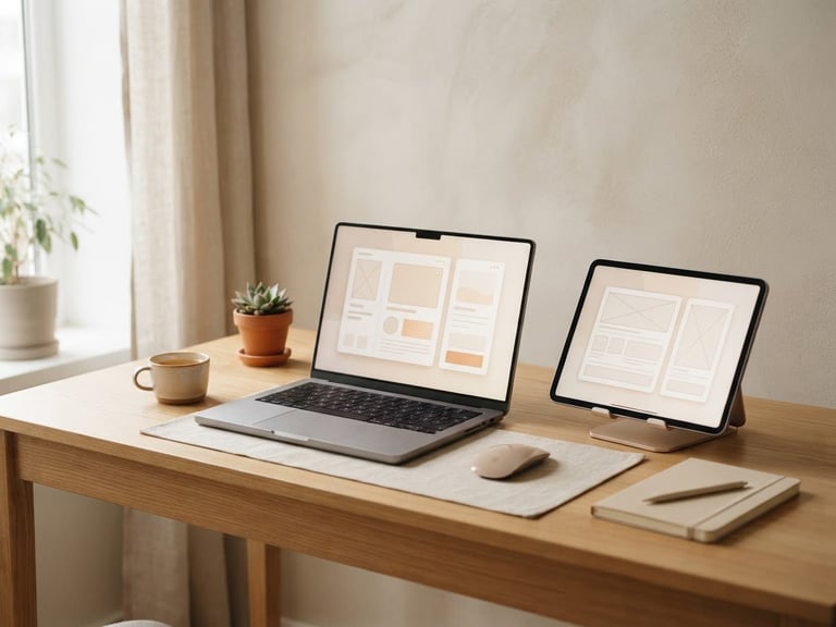 Minimalist workspace setup with elegant devices showing clean digital mockups, soft natural daylight, warm beige tones, 35mm lens.
