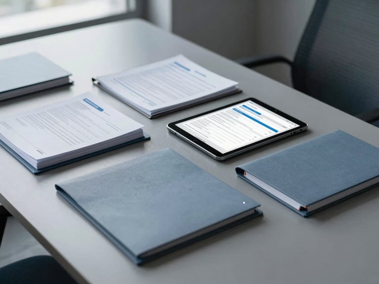 Organized documents on a modern executive desk, with folders and a tablet displaying a clean, corporate dashboard, natural light, low saturation blue and grey tones.
