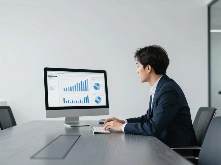 Focused corporate professional analyzing clean data graphs on a monitor in a bright, minimalist meeting room, slate grey and navy tones