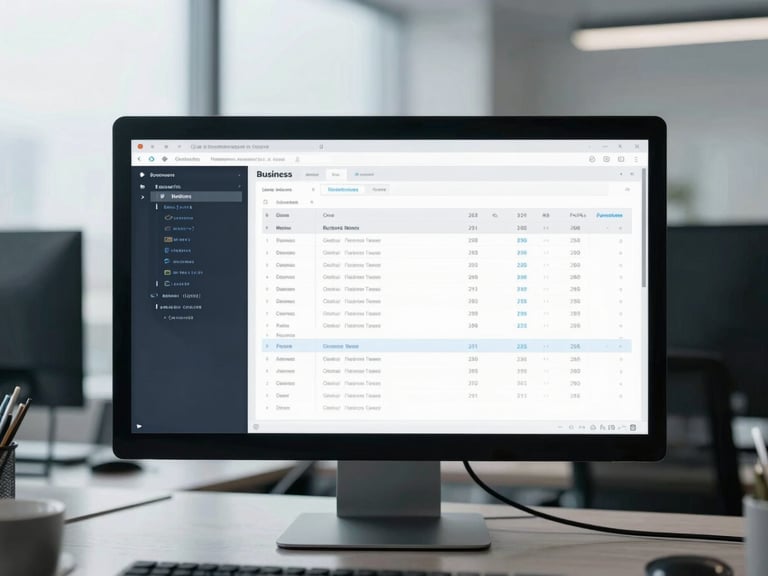 A clean, modern software interface for business management displayed on a monitor, with organized data and code, in a technological yet minimalist office environment.