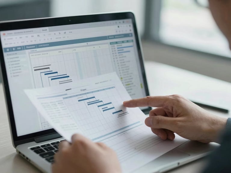 Close-up of a professional's hands reviewing a detailed project timeline on a laptop, with Gantt charts and project management software, in a focused office setting.