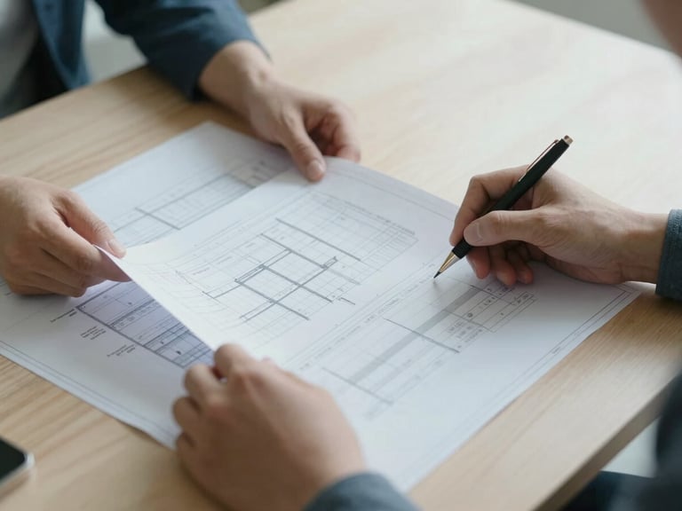 Close-up of hands reviewing printed corporate architectural blueprints and structured checklists on a clean wooden table, soft natural daylight, low saturation