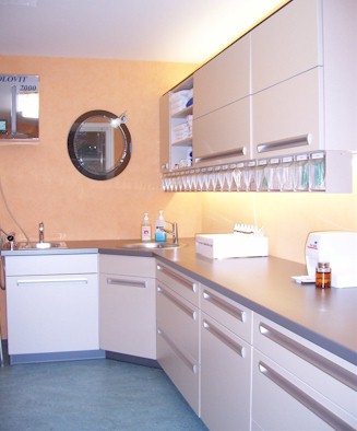 Modern medical clinic storage cabinets and integrated sink area with clinical supplies for a doctor office.