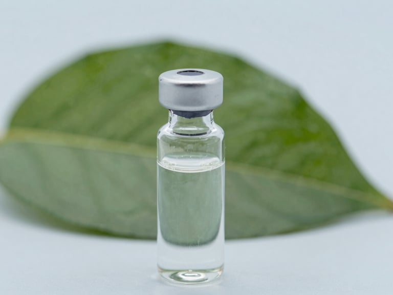 Macro shot of a laboratory glass vial with a green leaf in the background, soft natural daylight, shallow depth of field, 35mm
