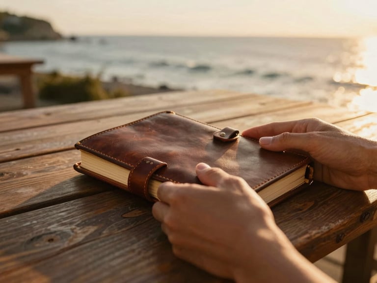Close-up of hands holding a vintage leather-bound travel journal on an outdoor wooden table, warm golden hour sunlight, soft focus on sea background