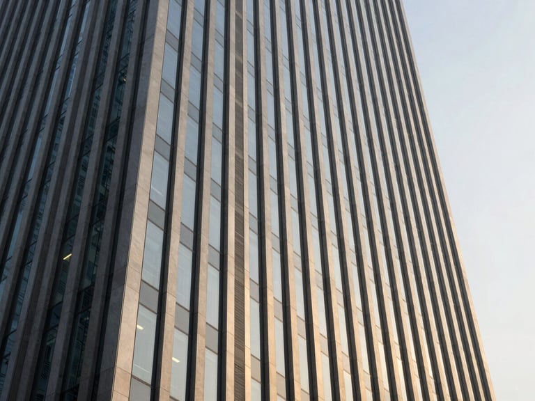 Dramatic low-angle architectural shot of a modern corporate skyscraper facade in Hyderabad, sharp golden-hour highlights reflecting off glass and steel panels, clean geometric lines