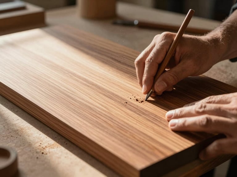 An artisan's hands carefully polishing a finished teak wood panel, fine wood dust catching a shaft of warm sunlight in a quiet, organized workshop.