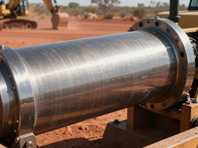 Extreme close-up of a massive metallic hydraulic cylinder on a heavy earthmoving machine, harsh natural sunlight reflecting off the steel, red outback dust in the background, sharp industrial focus.