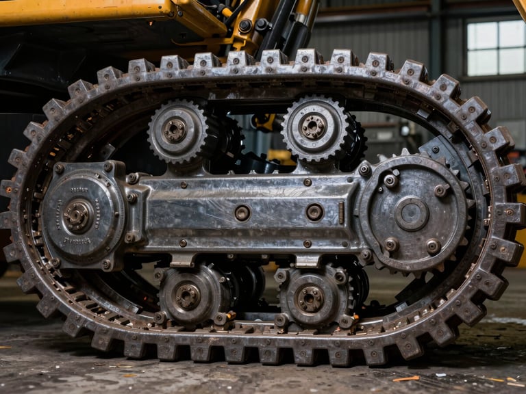 Extreme close-up of heavy steel excavator track links, high-contrast industrial warehouse spotlighting, metallic textures.
