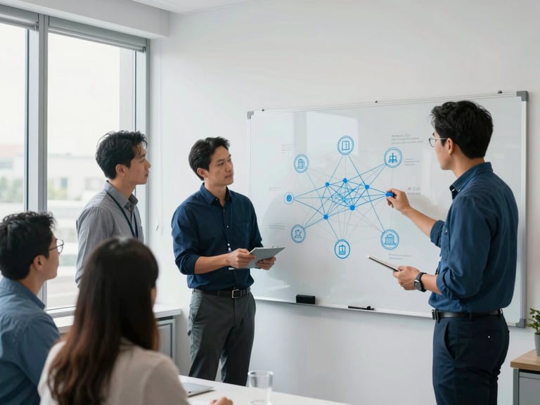 A medium-wide shot of a clean, modern collaborative workspace in Panama City, Florida, with engineers discussing network diagrams on a whiteboard, natural window light, sharp focus, 35mm