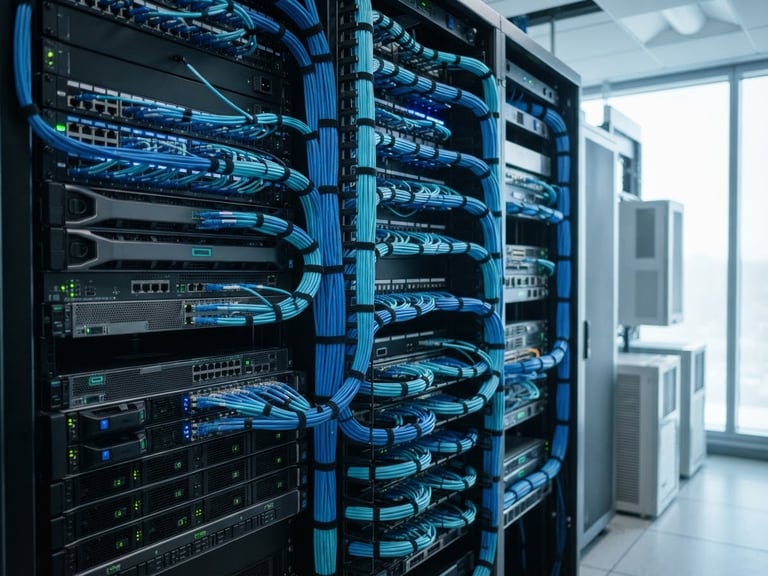 Crisp corporate technology photography of a modern server rack with tidy blue and cyan cabling, cool natural window light, sharp focus, 35mm