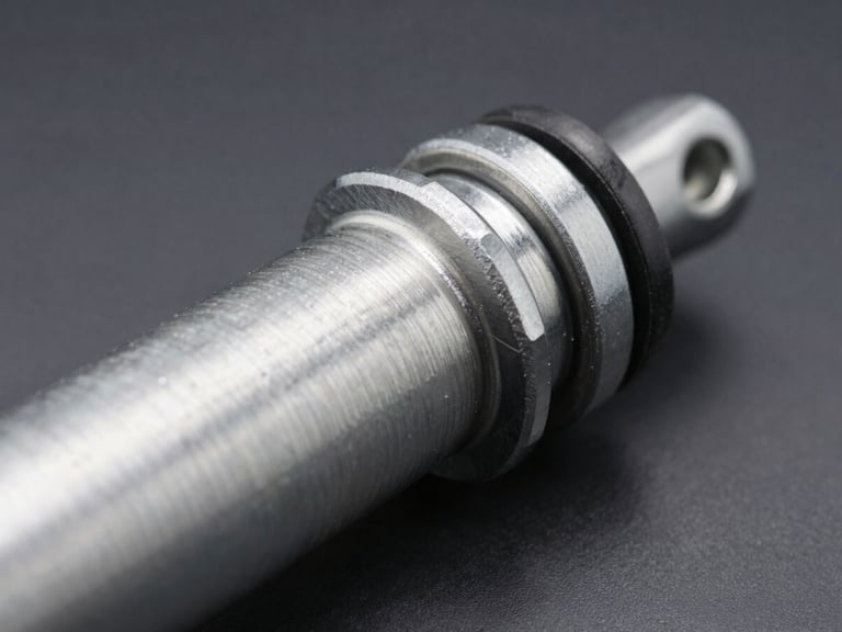 Macro close-up of a sturdy steel shock absorber cylinder, focus on the clean metallic threads and black rubber seal, bright workshop lighting