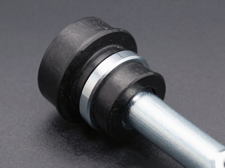 Close-up of clean black rubber suspension bushing sleeves nested in silver steel arms, industrial precision, sharp focus
