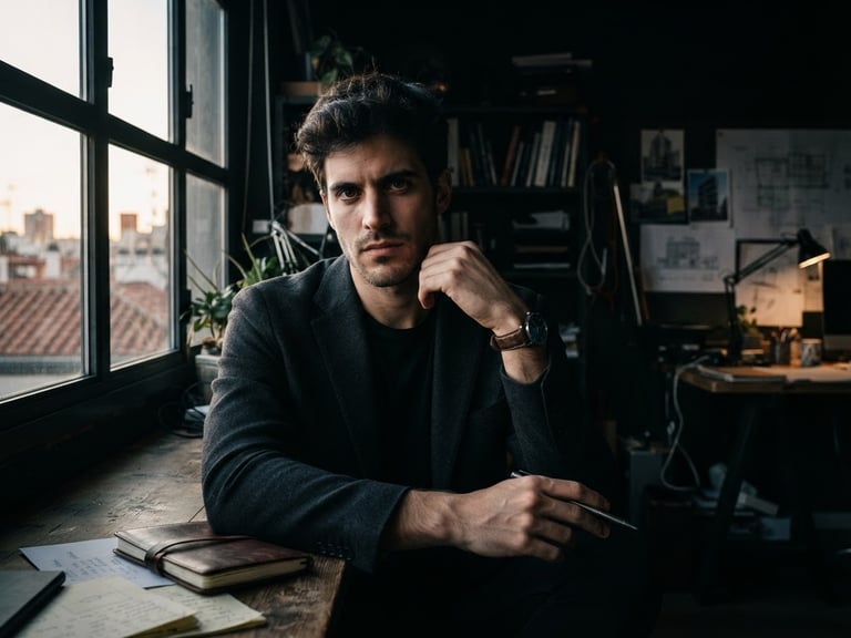 Moody editorial portrait of a young entrepreneur in a high-contrast Madrid studio, dramatic directional window light, deep shadows, desaturated tones, 35mm lens