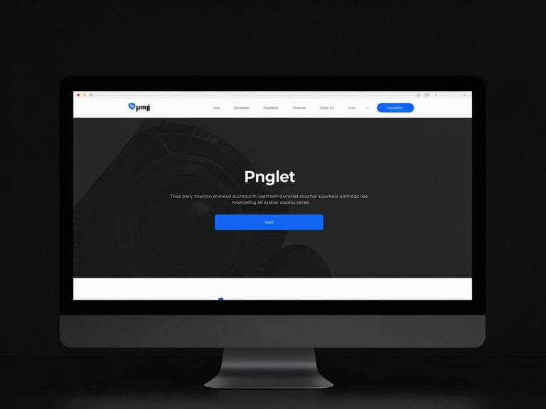 Clean screenshot of a modern minimalist website displayed on a dark sleek monitor, high contrast, sharp blue accents, moody lighting