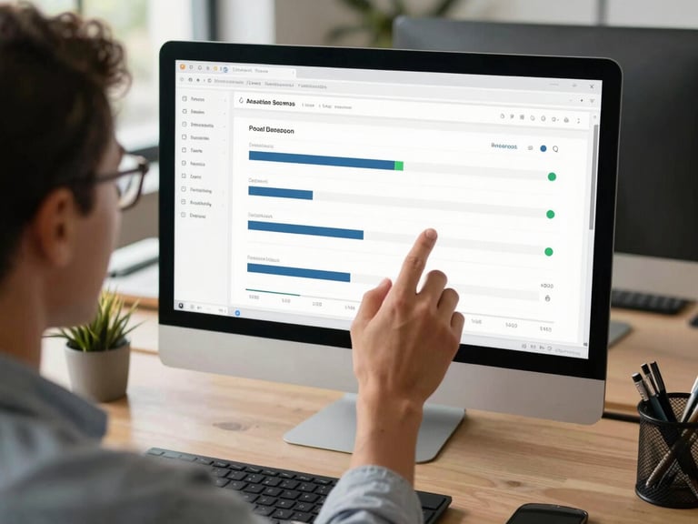Over-the-shoulder view of a digital marketing specialist analyzing clear local search performance charts on a clean desktop monitor in a well-lit, professional California workspace.