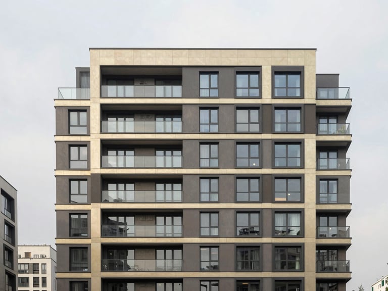 Architectural elevation of a contemporary urban apartment building under overcast daylight, clean lines, muted earth tones, medium format, bleeding to the left edge.